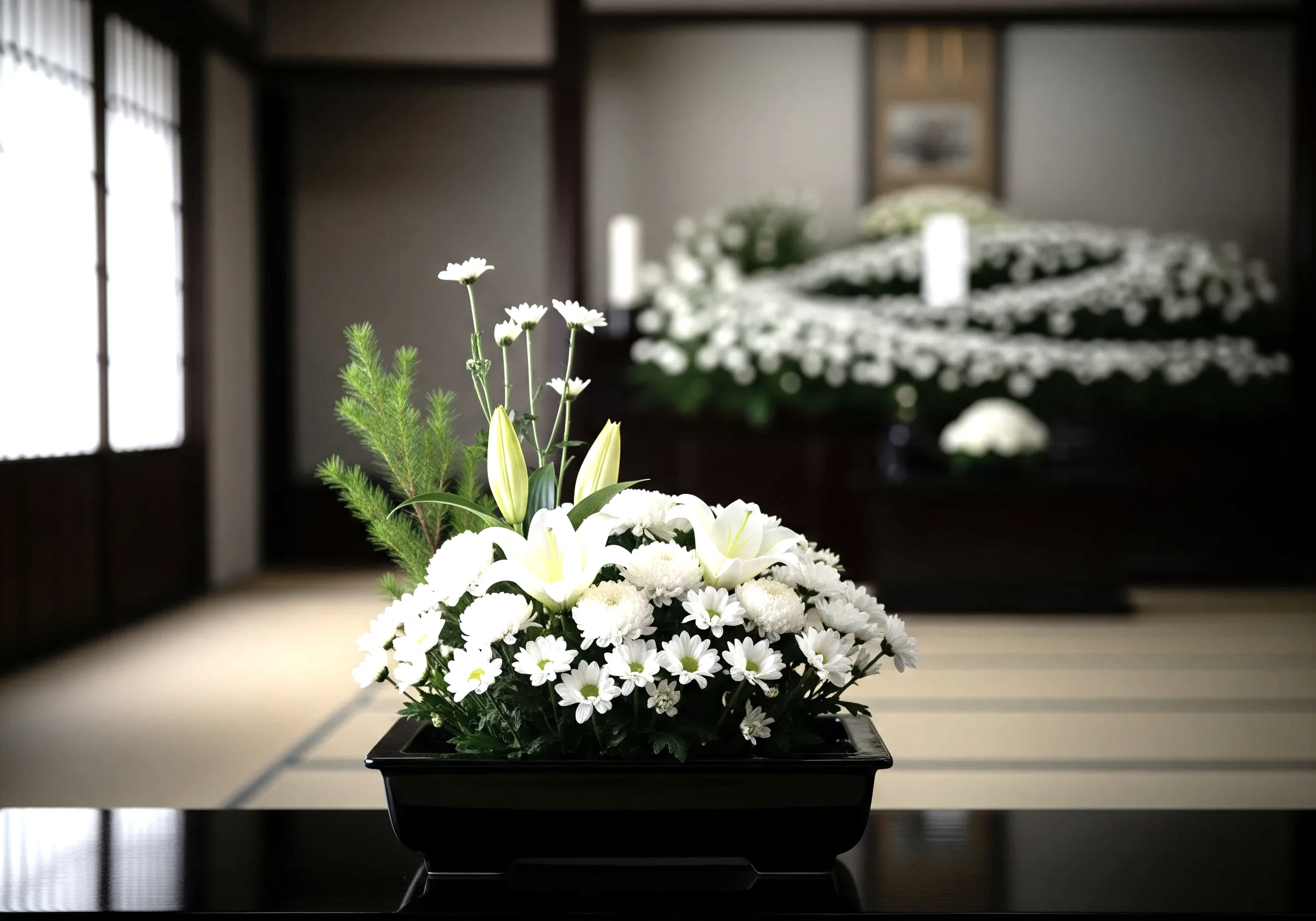 静かな式場に供えられた白い供花