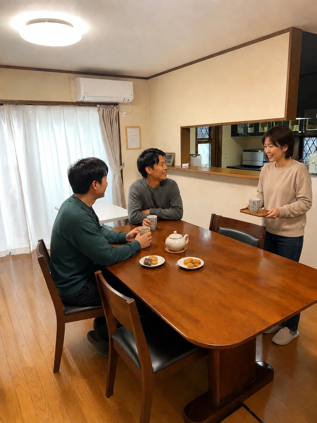グループホームの食卓に加わる支援員